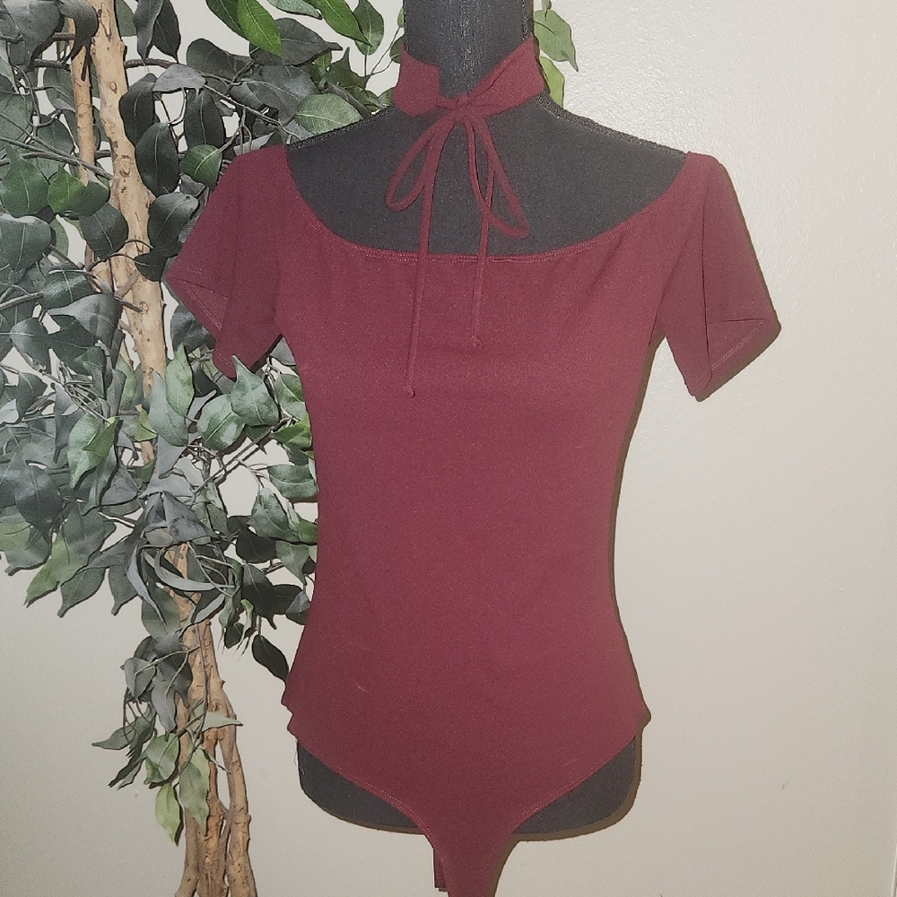 Charlotte Russe Burgundy Tie-Neck Bodysuit